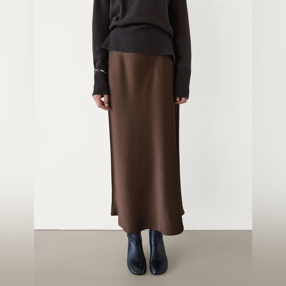 NWT Massimo Dutti Long Satin Skirt In Chocolate Brown Size Medium
